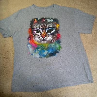 #ad Women#x27;s Bust Sz 49 2X? Gray With Colorful Cat Short Sleeve T Shirt $9.98