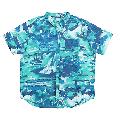 #ad Columbia Mens Short Sleeve Graphic Buttondown Shirt Short Sleeve Blue Boats New $25.99