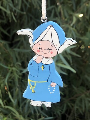 #ad Vintage Handmade Wooden Blue Nun Sister Catholic Christmas Tree Ornament 3.5” H $14.99