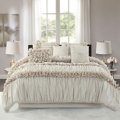 #ad HIG 7 Piece Ruched Pleat Comforter Set White Romantic Bed in a Bag King Queen $76.99