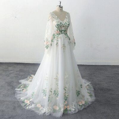 #ad Lowime Forest Fairy Long Wedding Dress Lace Wedding Dress With 3D Floral Appliue $93.09