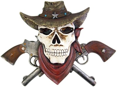 #ad Western Skeleton Decor Skull in Cowboy Hat with Crossed Pistols Wall Plaque $17.42