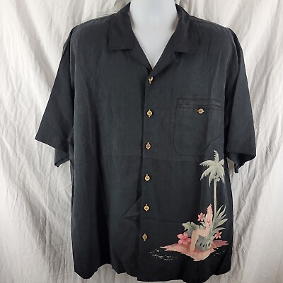#ad TOMMY BAHAMA Size XL 100% Silk Black Pinup Hibiscus Mens Hawaiian Camp Shirt $49.99