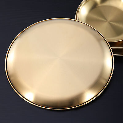 #ad L 20cm Stainless Steel Plate Golden Metal Round Dinner Dishes Plate Reusable $10.69