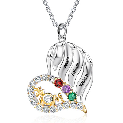 #ad Silver Mom Necklace with Custom Birthstones Heart Pendant Personalized Gift $25.99