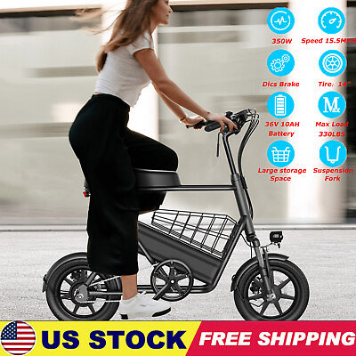 #ad Adult Electric Bike 14quot; Tire Ebike Bicycle 350W 36V 10Ah 15.5mph Commute Black $499.99