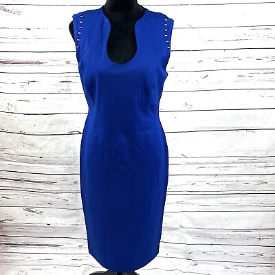 #ad T Tahari Sheath Dress Women’s Size 10 Sleeveless Ponte Gold Embellished Blue New $67.00