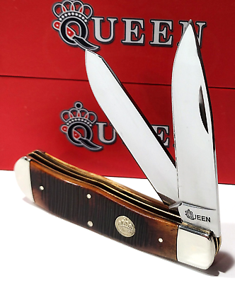 #ad Queen Cutlery Co. Factory 2nd Big Boy Trapper Burnt Bone Pocket Knife USA Made $34.95