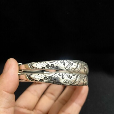 #ad A Pair Old Chinese tibet silver handcarved Dragon Phoenix bracelets a260 $15.00