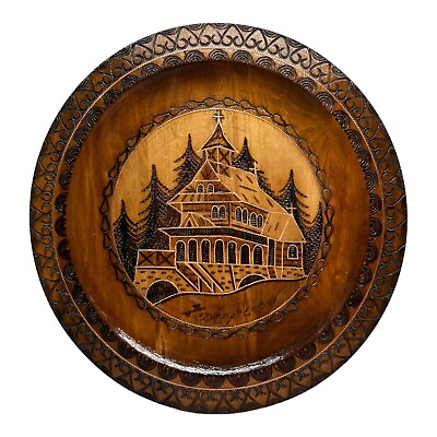 #ad Vintage Zakopane Poland 10” Carved Wooden Plate Church in the Woods Forest $19.46