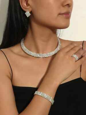 #ad Silver Plated Crystal Necklace Bracelet Ring Earrings Set Wedding Prom Pageant $14.95