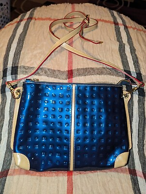 #ad Arcadia Womens Blue Patent Leather Italy Inner Pockets Crossbody Bag Tan Strap $34.99