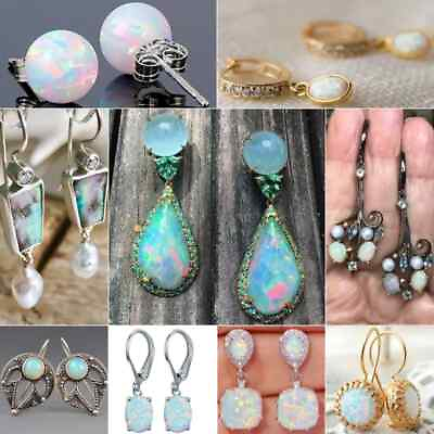 #ad 925 Silver Earrings Oval White Fire Opal Ear Hook Drop Women Jewelry A Pair C $2.82