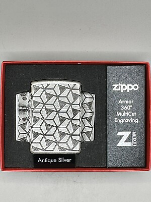 #ad Geometric Design MultiCut Engraved Design Antique Silver Armor Zippo NEW 49883 $69.95