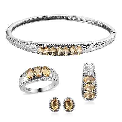 #ad Natural Citrine Bangle Cuff Bracelet Ring Pendant Earrings Set Size 7 Ct 6.4 $28.16