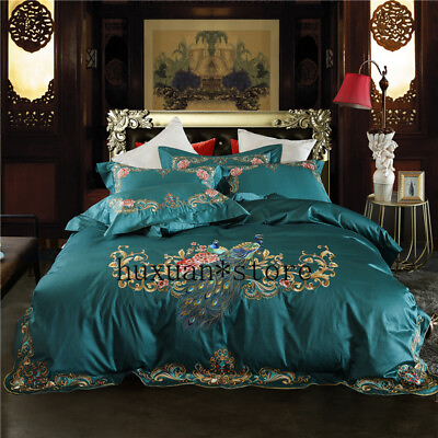 #ad Luxury Egypt Cotton Peacock Bedding Set Embroidery Arc Edge Cover Queen King 4Pc $327.05