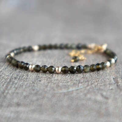 #ad Dainty Crystal Healing Bracelet Natural Gold Obsidian Stone Bracelet Minimalist $12.90