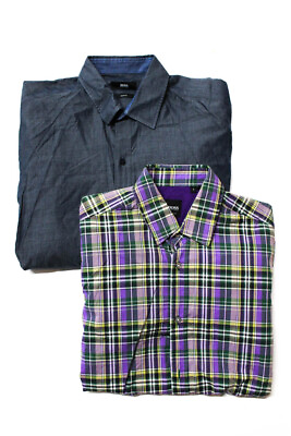 #ad Boss Hugo Boss Mens Plaid Solid Long Sleeve Cotton Shirt Purple Size S M Lot 2 $40.81