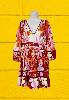 #ad NEXT Pink Red Floral Print Cotton V Neck Mini Dress Size 14 BNWT RRP £36 Summer GBP 14.99