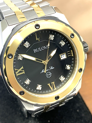 #ad Bulova Men#x27;s Watch 98D175 Marine Star Diamond Black Dial Two Tone Steel 44mm $179.97