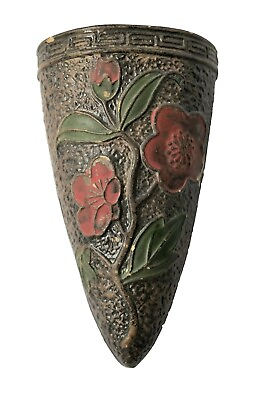#ad Vintage Ceramic Japanese Tokanabe Style Wall Pocket With Red Flowers Vase $24.99