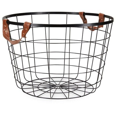 #ad Large Round Wire Basket with Handles Black $16.40