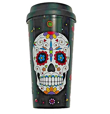 #ad NEW Day of the Dead SUGAR SKULL Double Wall TRAVEL TUMBLER Cup w Sipper Lid 16oz $4.47