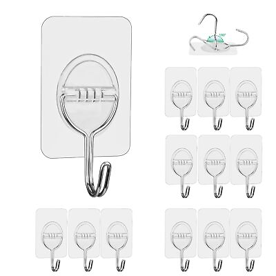 #ad 12Pcs Adhesive Hooks for Hanging Clear Seamless Hooks Heavy Duty Wall Hooks 1... $14.66