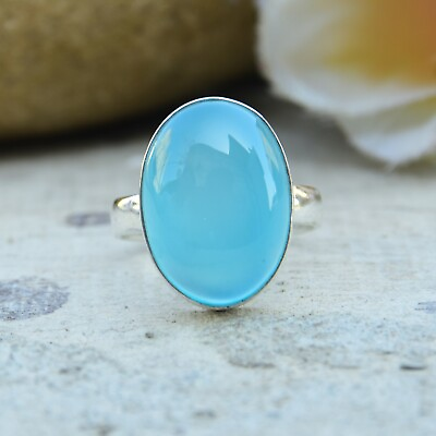 #ad Blue Chalcedony Gemstone 925 Sterling Silver Ring Valentine Day Jewelry All Size $14.21