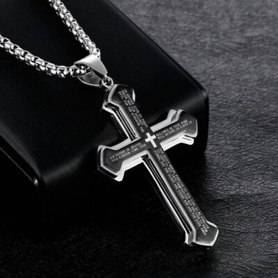 #ad Men Cross Pendant Necklace Stainless Steel Multilayer Lord#x27;s Prayer Chain 24quot; $7.98