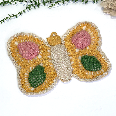 #ad Handmade Vintage Crochet Knit Butterfly Decor Applique Yellow Pink Green Cream $30.00