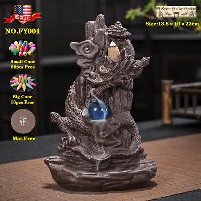 #ad Ceramic Backflow Incense Burner Dragon Mountain Waterfall 001 amp; 60pcs Cones Gift $17.99