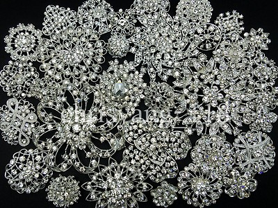 #ad Lot32 Bulk Alloy Silver Rhinestone Crystal Flower Brooches Pins DIY Bouquet $29.99