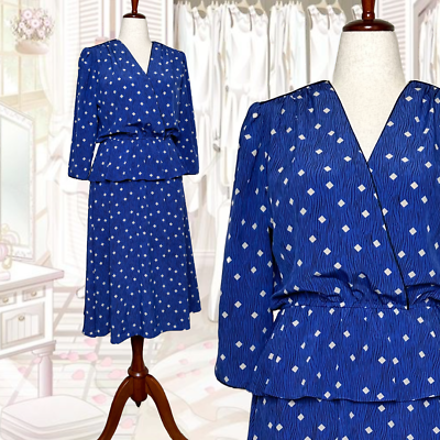 #ad Vintage 70s does 30s Blue Art Deco Diamond Print Crepe Peplum Day Dress Size M $48.00