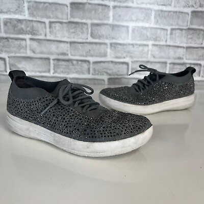 #ad FitFlop F Sporty Uberknit Casual Charcoal Gray Sneakers Shoes Crystal Womens 6.5 $8.41