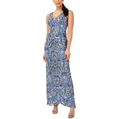 #ad Adrianna Papell Womens Blue Sequined Long Wedding Evening Dress Gown 8 BHFO 2835 $74.99