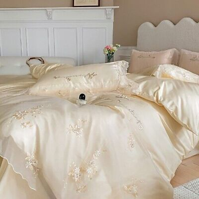 #ad High End Bedding Set Luxury Egypt Cotton Lace Flower Embroidery Duvet Cover Bed $250.51