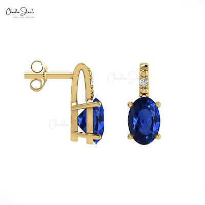 #ad New Diamond Blue Sapphire Solid 14K Gold Stud Minimalist Earrings Fine Jewelry $498.38