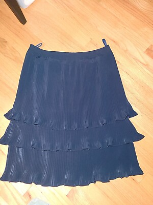 #ad Jeannette Miner Paris Skirt Sz Lg Navy Blue Pleated 3 tier GORGEOUS $39.99