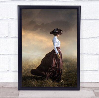 #ad Windy Day long burgundy skirt and hat walking Wall Art Print GBP 9.99