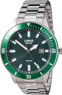 #ad Lorus Mens Solar Watch with Green Dial and Silver Bracelet RX315AX9 GBP 74.99
