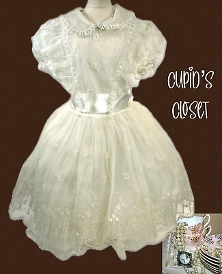 #ad Vintage Girls Ivory Lace Dress Sz 5 6 Crinoline Slip Puff Sleeves Circa 1940s $22.40