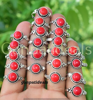 #ad 200pcs Wholesale Lot Red Coral Gemstone Small Ring 925 Sterling Silver Plated $379.99