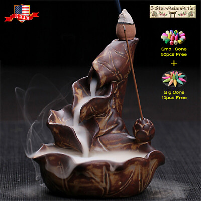 #ad Ceramic Backflow Incense Burner Holder Lotus Waterfall amp; Incense Cones Gift $11.99