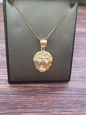 #ad 10K Solid Yellow Gold Lion Face Pendant Charm with Box Chain $235.89