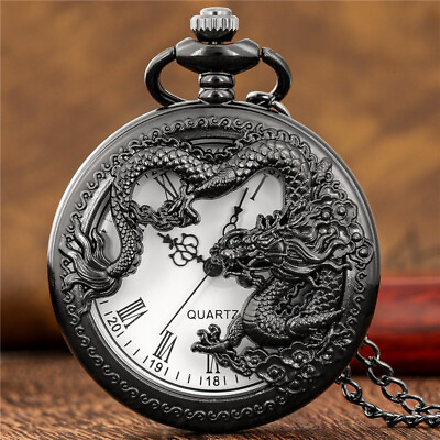 #ad Old Fashion Pocket Watch Roman Number Dragon Case Quartz Watches with Chain Gift $4.59