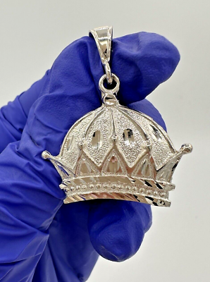 #ad Sterling Silver 925 Large Diamond Cut CORONATION CROWN King Queen Pendant 1.6” $44.99