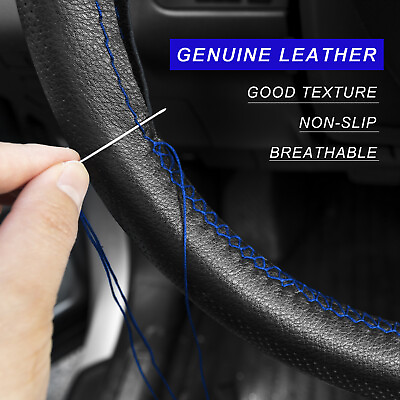 #ad 15quot; DIY Leather Car Steering Wheel Cover Needle Thread Anti slip Black Universal $10.44