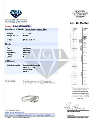 #ad 1.43 CT F VS2 Round Natural Certified Diamonds 14K Gold Classic Engagement Ring $2041.20