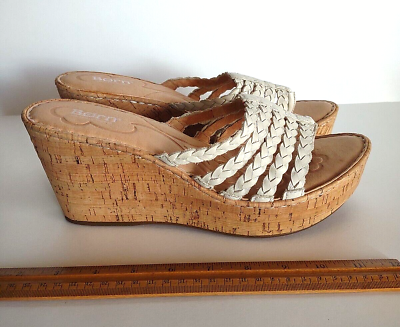 #ad Cream Colored Born Woven Leather Cork Wedge Slide Thong Sandals Size 11 $17.99